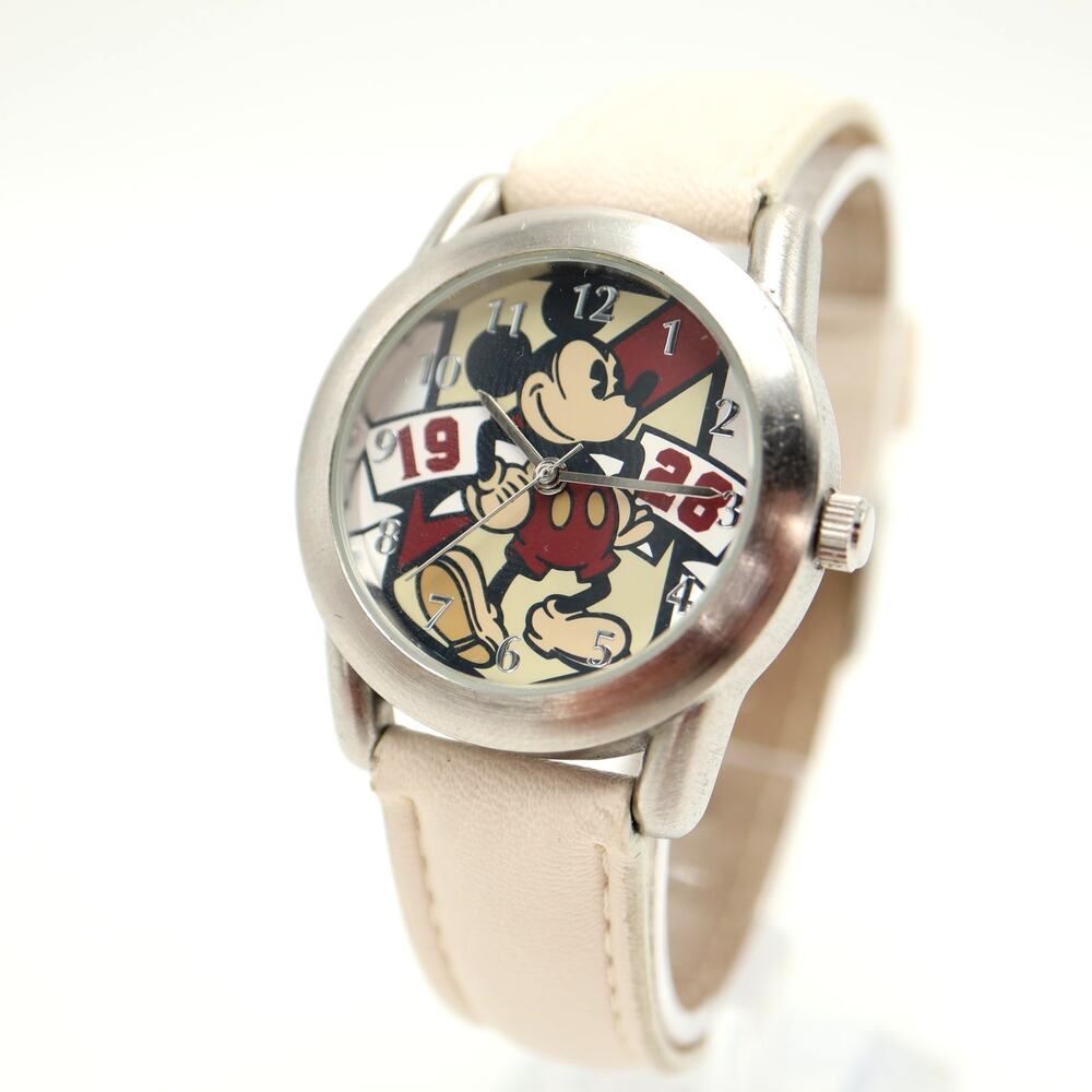 Disney Parks Mickey 1928 Silver Tone 34mm Watch White Faux Leather w New Battery